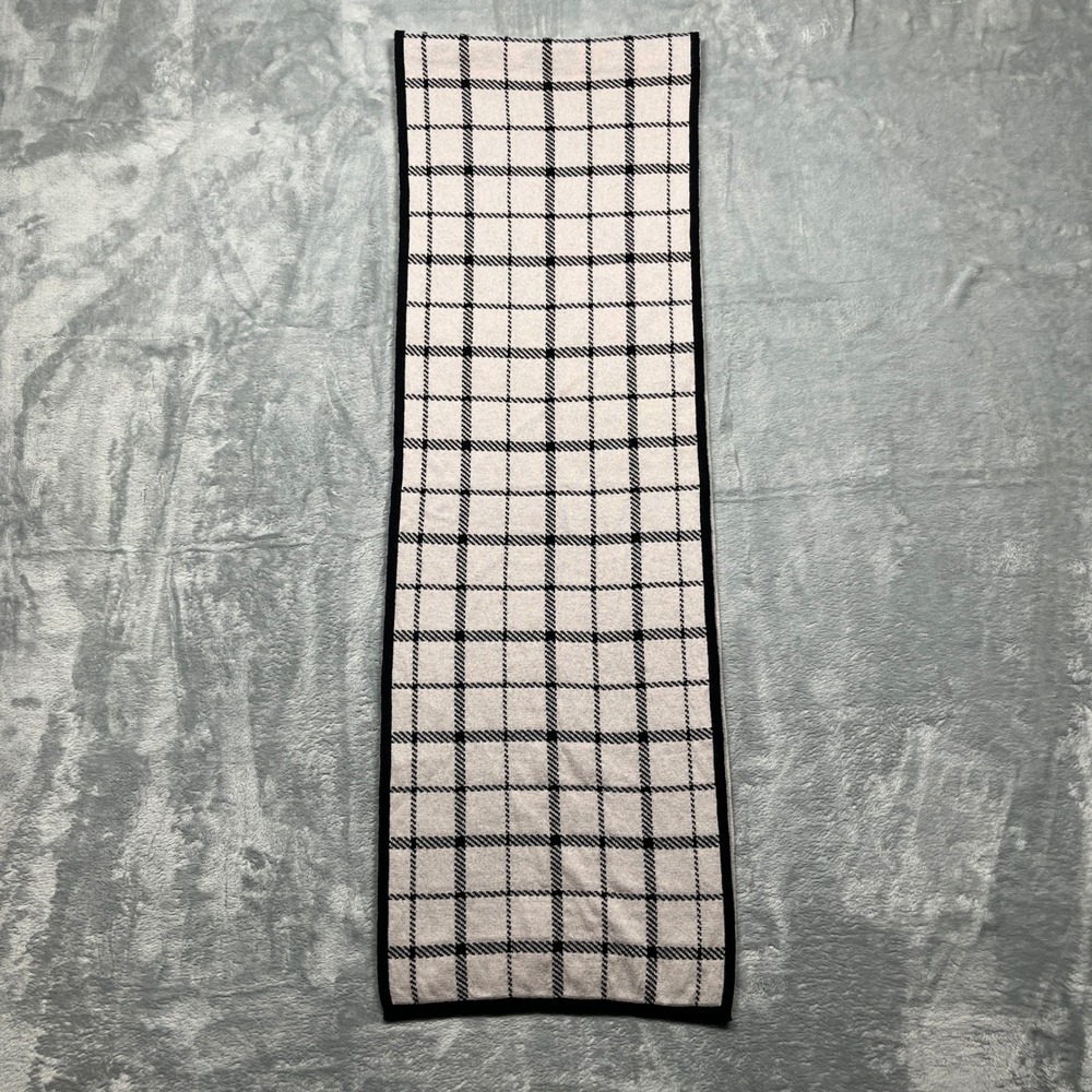 Coach Scarf Black Ivory Reversible Plaid Wool Cotton Knit Leather Logo - Picture 10 of 16